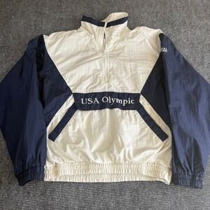 Vintage USA Olympic Windbreaker Jacket Mens Medium White Navy Blue 1/4 Zip
